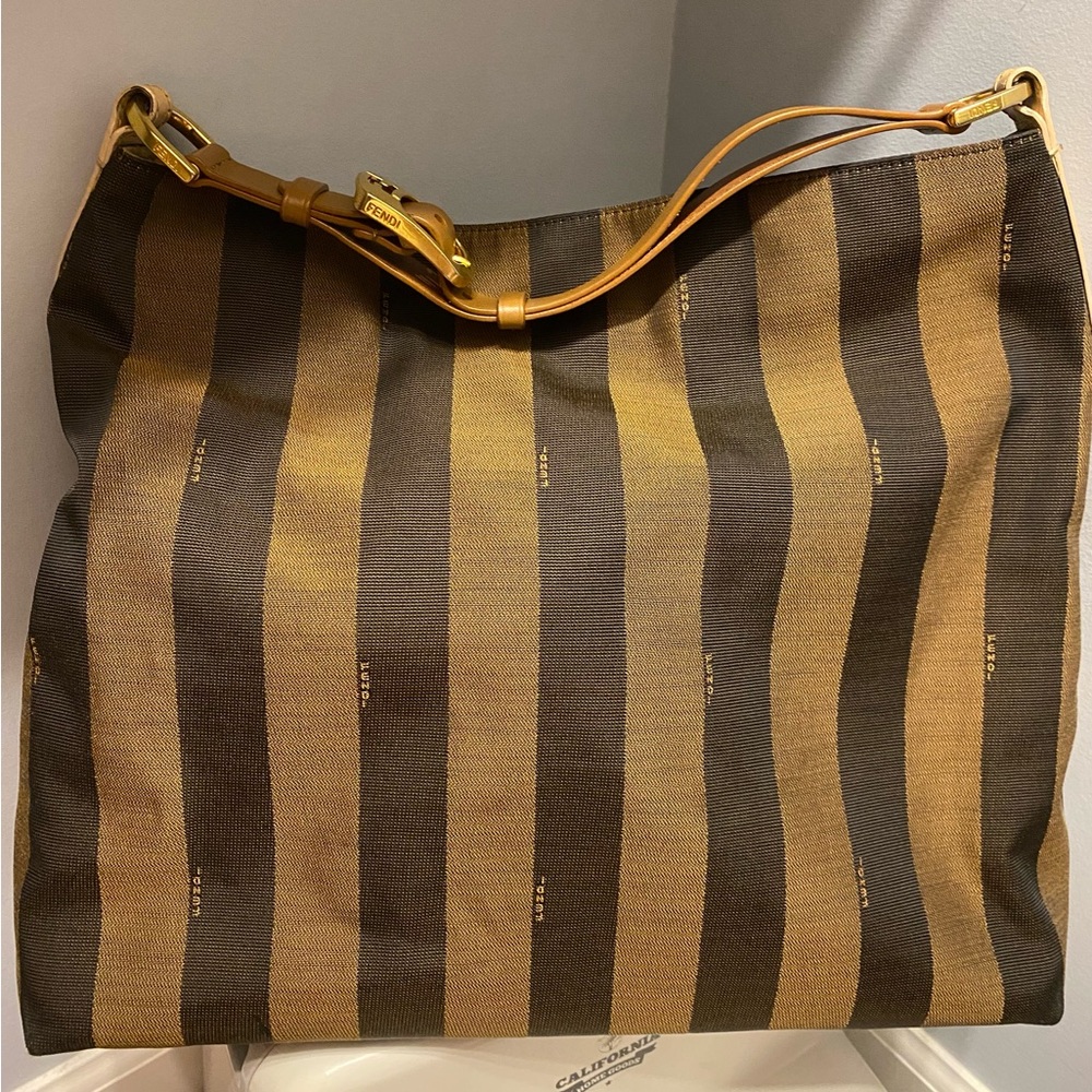 Fendi Tobacco/Canvas and Leather Pequin Striped Hobo